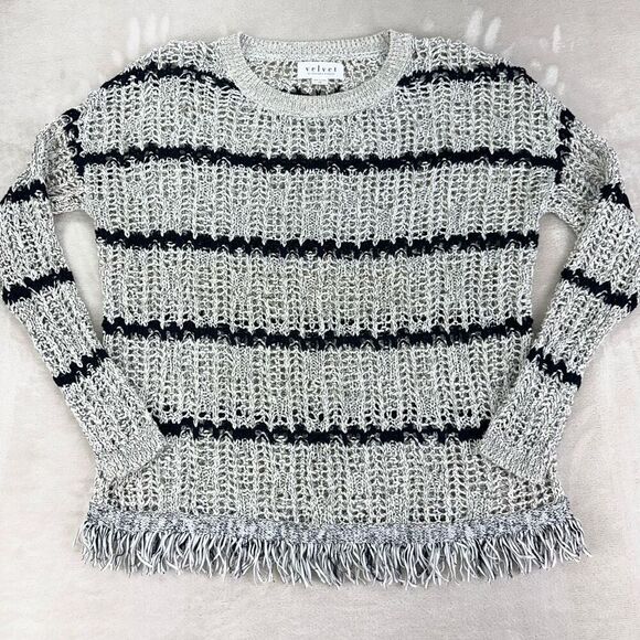 Velvet by Graham & Spencer Sweater Women’s XS-S Gray Black Fringe Boho Open Knit - Picture 1 of 9